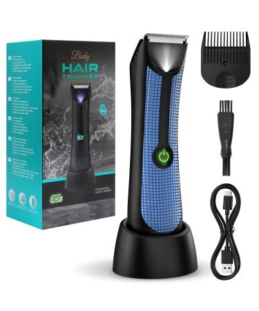 Vexloria Ball Trimmer Men Body Groomer Men Electric Groin Hair Trimmer Body Hair Trimmer Men Pubic Hair Trimmer with Ceramic Blade Head Wet/Dry Shaver with LED Light and Charging Base(Blue)