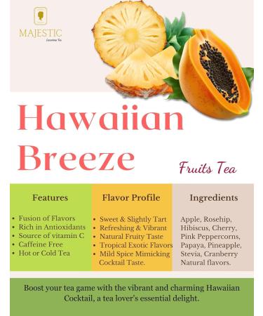Majestic Tea_ HAWAIIAN BREEZE | Fruit Tea | Summer Refresher | Premium Loose Fruit Tea | Caffeine Free 100%| No Sugar Added Sweetened By Organic Stevia Leaf | Natural Ingredients | Tasty Either Hot or Iced | Brews Up to 35 Cups | 100g Fruit Tea. - Buy Online on GoSupps.com