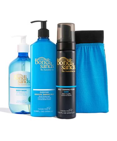 Bondi Sands Staycation Bundle | With Coconut Body Wash, Gradual Tanning Milk, Dark Self Tan Foam, and Exfoliation Mitt for a Flawless Base ($65 Value)