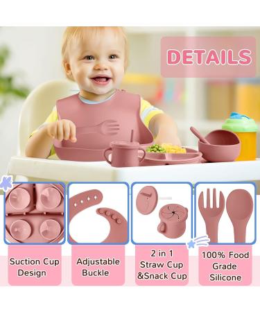 Newtay 8 Pack Baby Feeding Set - Silicone Suction Divided Plate, Bibs, Bowl, Placemat, Spoon, Fork, Cup with Straw - Dark Pink - Toddler Tableware - Buy Online on GoSupps.com