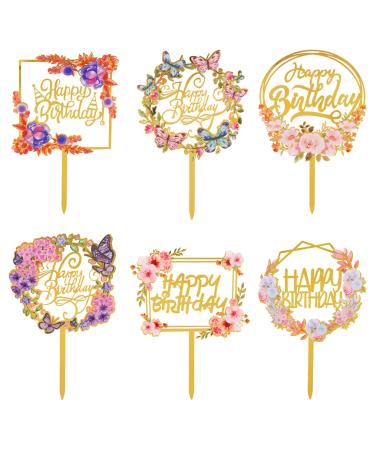 AIBAOBAO 6 Pack Happy Birthday Cake Topper Flowers Cake Toppers Multi-Patterned Acrylic Personalised Cupcake Toppers for Various Birthday Party Girls Kids Baby Wedding Mother Decorations Supplies
