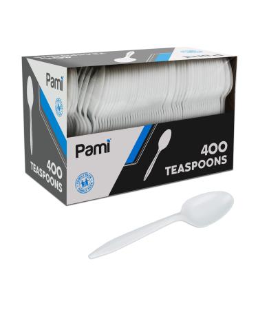 PAMI Medium-Weight Disposable Plastic Teaspoons 400-Pack - Bulk White Plastic Silverware For Parties, Weddings, Catering Food Stands, Takeaway Orders & More- Sturdy Single-Use Partyware Spoons