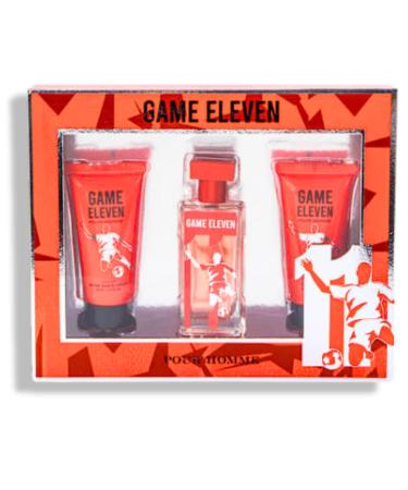 Mens Game Eleven Pour Homme Fragrance Gift Set 3-Piece. Includes 1 soothing After Shave Cream 1 Eau de Toilette Spray 1 Shower Gel. 5.1 FL. OZ. Woody Spicy fragrance for men.