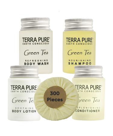 Terra Pure Hotel Soaps and Toiletries Bulk Set | 1-Shoppe All-In-Kit Amenities for Hotels | 1oz Hotel Shampoo & Conditioner, Body Wash, Body Lotion & 1.25oz Bar Soap Travel Size | 300 Pieces