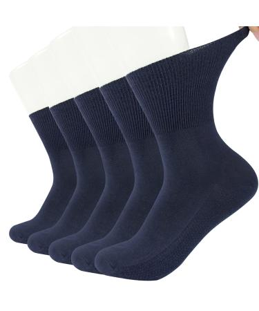 Diabetic Crew Socks for Women and Men with Diabetes Non Binding Loose Top Dress Socks 5 Pairs Navy-5 Pairs