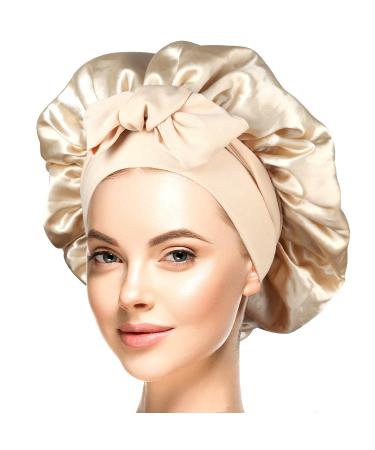 Satin Bonnet Sleep Cap Silk Bonnet for Curly Hair Sleeping Double Layer Hair Bonnet with Stretchy Tie Band for Women Gold Large