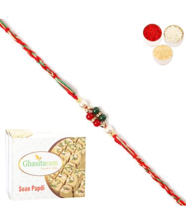 Ghasitaram Gifts Rakhi for Brother Rakhis Online - ra4112 Pearl Rakhi for My Brother with 200 GMS of Soan Papdi Rakhi with 200 gms of Soan Papdi