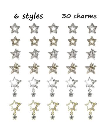 YOSOMK 30 PCS Star Nail Charms: 3D Gold & Silver Dangling Stars for Luxury Nail Art - Rhinestones, Gems, Diamonds for Acrylic Nail Decoration - Buy Online on GoSupps.com