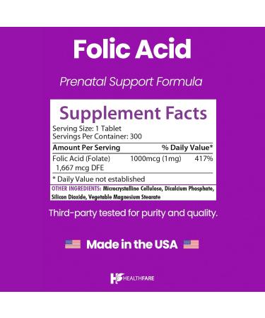 Healthfare Folic Acid 1000mcg | 300 Veg Tablets | Vitamin B9 | Gluten-Free | Non-GMO | Made in USA - Buy Online on GoSupps.com