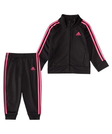 adidas Girls Zip Front Classic Tricot Jacket and Joggers Set 6 Black With Pink