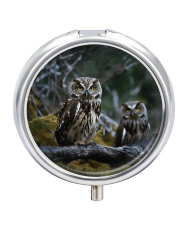 Round Pill Box Wild Owl Birds Print 3 Compartment Medicine Pill Case Print Pill Organizer Decorative Metal Portable Pill Box Pocket Pill Box