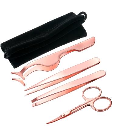 Jovitec Fake Eyelashes Applicator Tool  Slant Tip Hair Tweezers  Eyebrow Tweezers Eyebrow Scissors  4 Pieces with Black Velvet Bag (Rose Gold)
