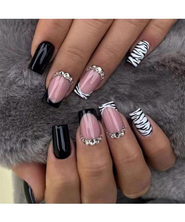 Black Press on Nails Medium Length Glue on Nails French Tip Nails Square Shape Fake Nails Rhinestones False Nails with Zebras Designs Acrylic Nails Press on Full Cover Stick on Nails Women&Girls style5