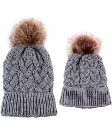 2PCS Family Matching Winter Knit Hat Set - Grey Mother & Baby Ski Cap - Buy Online on GoSupps.com