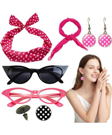 Polka Dot Headband - Headband Drop Earrings Set for 1950s Outfits - Print Dangle Earrings with Vintage Hair Bands Chiffon Scarf Cat Eye Glasses Hot Pink One Size - Buy Online on GoSupps.com