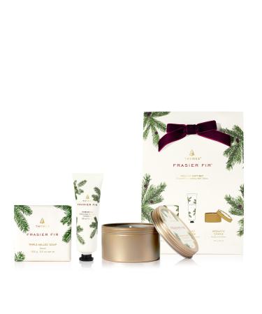 Thymes Frasier Fir Hand Cream Travel Tin Candle Jar and Bar Soap Gift Set - Scented with Notes of Siberian Fir Cedarwood and Sandalwood - Luxury Home Fragrance Set - Hostess Gift for the Holidays