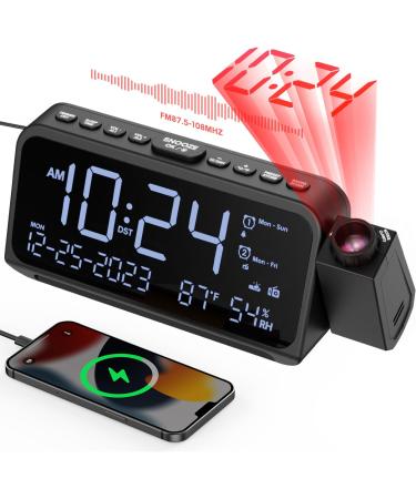 ROCAM Clock Radio with Projection white digital clock - Black