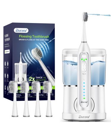 Electric Toothbrush with Water Flosser Professional Flossing Toothbrush Combo in One for Teeth Gums Braces Care with 4 Replacement Brush Heads Waterproof Pure White