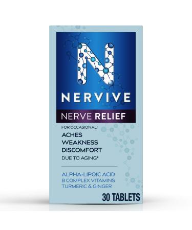 Nervive Nerve Relief, for Nerve Aches, Weakness, & Discomfort in Fingers, Hands, Toes & Feet, Alpha Lipoic Acid ALA, Vitamins B1, B6, & B12, Turmeric, Ginger, 30 Daily Tablets, 30-Day Supply