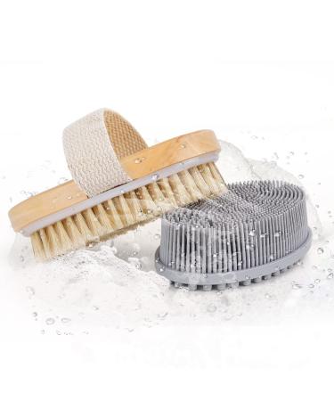 Set of 2 Body Brush-Natural Bristle Dry Skin Exfoliating Brush and Soft Silicone Body Scrubber for Sensitive Kids Women Men All Kinds of Skin to Exfoliate  Improve Blood Circulation (Gray Scrubber) Gray and Brown