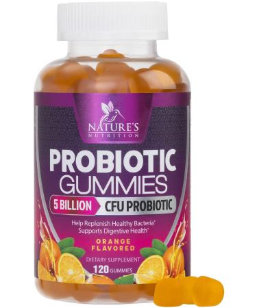 Daily Probiotic Gummies Extra Strength 5 Billion CFU Probiotics for Men and Women Digestive Health Immune Support Gluten Free Nature's Non-GMO Supplement Natural Orange Flavor - 120 Gummies 120 Count (Pack of 1)