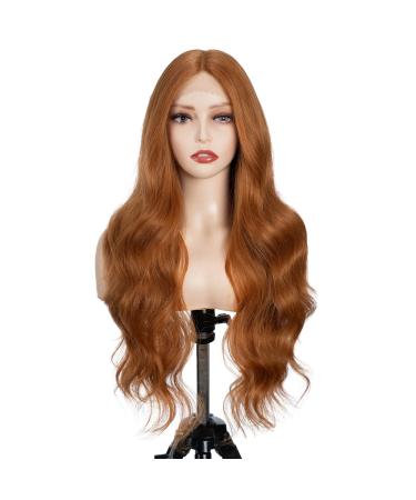D BUT Long Wavy Lace Front Ginger Brown Wigs Body Wave Natural Curls Synthetic Wig Hand Tied Middle Part Lace Front with Preplucked Hairline High Temperature 26 Inch Wigs for Women Middle Part Lace Front Ginger Brown