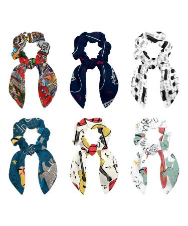 6 Pcs Hair Scrunchies - Music Notes and Guitar Hair Scarf Scrunchy with Ribbon Bow Elastic Hair Ties Ponytail Holders for Women Teenage Girls