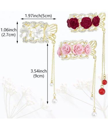 3 Pcs Rose Flower Tassel Ponytail Hair Clips | Vintage High Ponytail Hair Barrettes with Pearl Rhinestone Metal | Chinese Decorative Accessories for Bride Women Girls - Buy Online on GoSupps.com