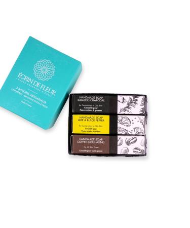 CRIN DE FLEUR Gift set of 3 French handcrafted cold process soaps (exfoliating coffee lime & black pepper charcoal & cedar 3x90g)