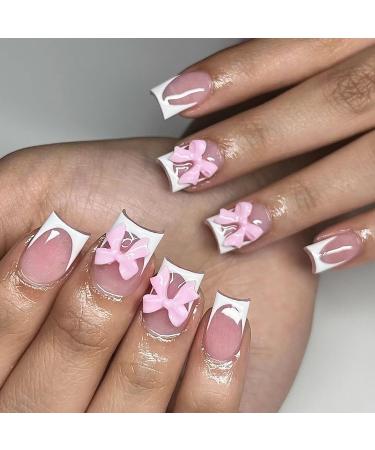 Bows Press on Nails Short Square Fake Nails 3D Resin Bow Charm Glossy Designs Pink Full Cover Glue on Nails Reusable Artificial White French Tip False Nails for Women DIY Manicure Decoration 24Pcs