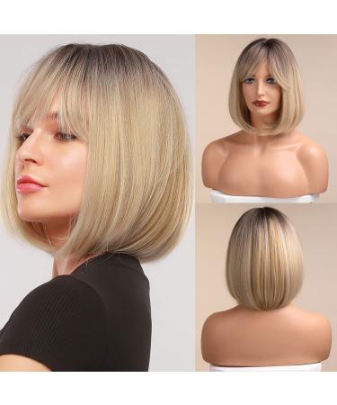 HAIRCUBE Blonde Bob Wig with Bangs Short Wigs for Women Natural Synthetic Wig for Daily Use Creamy Champaign White