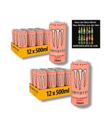 Bier Monster Energy Ultra Peachy Keen Zero Sugar Energy Drink Pack of 24 x 500ml cans with coasters Berlin Beer House