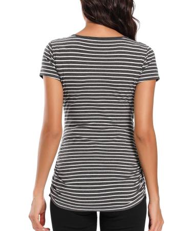Love2Mi Maternity Nursing Shirt | Short Sleeve V-Neck Breastfeeding T-Shirt | Pregnancy Top - Dark White Stripe - Buy Online on GoSupps.com