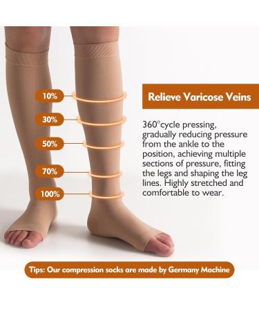 Bounfend Compression Socks 20-30mmHg - Knee High Open Toe Medical Grade Stockings for Men & Women | Varicose Vein Relief Swollen Legs Shin Splints Travel | Beige L Large - Buy Online on GoSupps.com