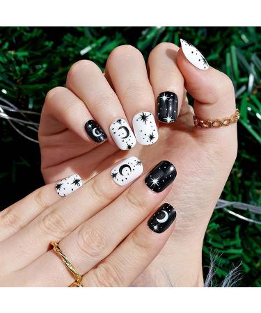 GLAMERMAID Black White Stars Press On Nails - 24 Pcs Short Round Fake Nails | Squoval UV Acrylic False Nail Kit for Women | Reusable Full Cover Static Nails - Buy Online on GoSupps.com