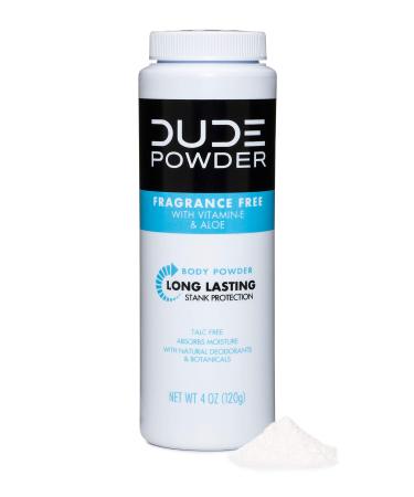 DUDE Body Powder  Fragrance Free 4 Ounce Bottle Natural Deodorizers With Chamomile & Aloe  Talc Free Formula  Corn-Starch Based Daily Post-Shower Deodorizing Powder for Men Fragrance Free 4 Ounce (Pack of 1)