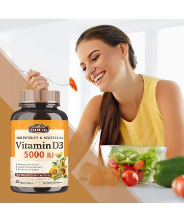 Elixeed Vitamin D3 5000 IU High Potency 120 Veggie Softgels | Bone, Mood & Immune Support | Made in USA | Gluten & Soy Free - Buy Online on GoSupps.com