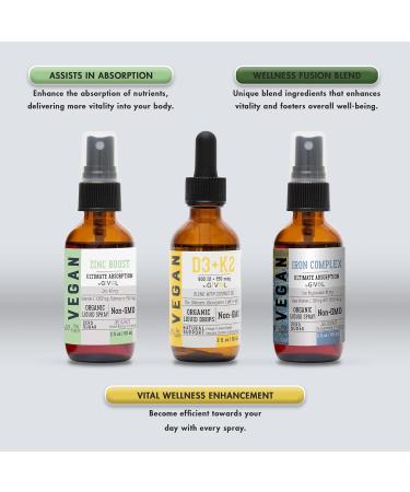 Bone Support Bundle Liquid Spray - Iron Bisglycinate Complex Zinc Picolinate Vitamin D3 & K2 - Complete Multivitamin - Plant- Based Non-GMO Gluten Free Sugar Free 2 Fl Oz (360 Days Supply) e) Zinc Boost-D3 + K2-Iron Co  - Buy Online on GoSupps.com