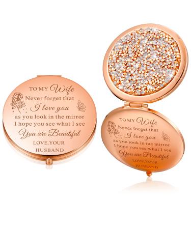 Kathfly Gifts for Wife I Love You Wife Gift Makeup Rose Gold Compact Mirror Mothers Day Gifts1 x 2 x Magnifying Compact Cosmetic Mirror Wedding Anniversary Romantic Gifts