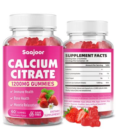 Calcium Citrate Gummies 1200 mg - High Absorption Calcium for Strong Bones Muscles & Immune Support - Vegan Non-GMO Natural Strawberry Flavor 60 Count 1pack