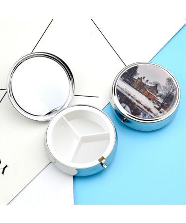 Round Pill Box - Winter Farmhouse Print | 3 Compartment Decorative Metal Pill Organizer | Portable Pocket Medicine Case - Style-27 - Buy Online on GoSupps.com