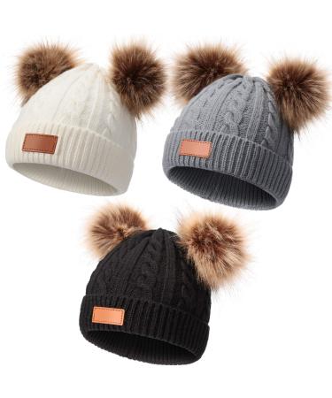 3 Pieces Kids Winter Pompom Hat Knitted Ski Beanie Hat Double Pom Beanie Cap for Girls Boys for 1-3 Years Old M Gray White Black