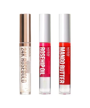 Kiss New York 3 PACK Lip Oil Gloss Hydrating Non-Sticky Lip Oil 100% Natural Oil Clear Lip Gloss Lightweight Lip Moisturizer (Rosegold & Rosehip & Mango Butter)