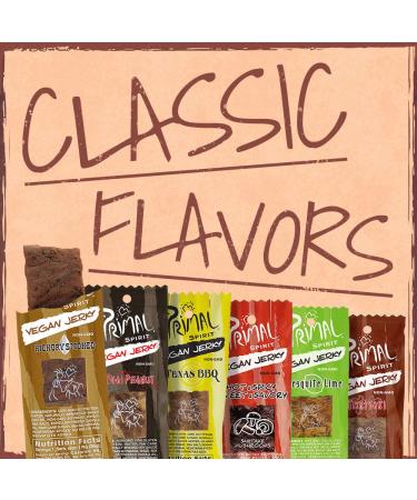 Primal Spirit Vegan Jerky Sampler Pack - Plant Based Protein - Non-GMO - 24-Pack 1 oz - Thai Peanut, Mesquite Lime, Teriyaki, Hot & Spicy, Hickory Smoked, Texas BBQ - Buy Online on GoSupps.com