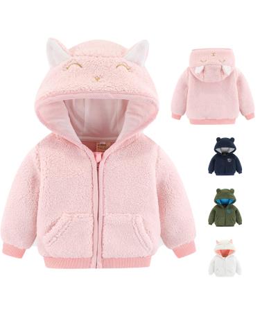 Newborn Infant Baby Boys Girls Cartoon Fleece Hooded Jacket Coat with Ears Warm Todder Kids Outwear Coat Zipper Up 0-6Y 6-9 Months Pink