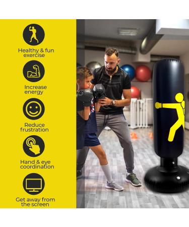 Rixi Ninja Kids Punching Bag Set | 63 inch Inflatable Black-Yellow Punching Bag for 3-12 Years Old | Includes Boxing Gloves and Air Pump - Buy Online on GoSupps.com