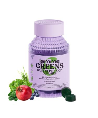 Lemme Greens Superfood Gummies w/Multi - Support Gut Health & Reduce Bloating 20+ Organic Greens and Superfruits Clinically Studied Probiotics D3 B12 - Berries & Greens Flavored (60 Count)