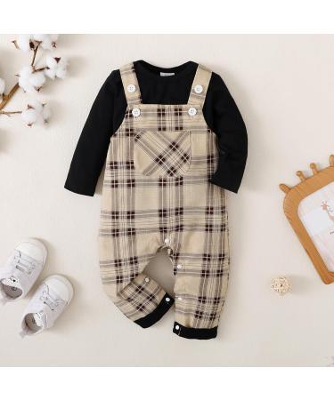 Puseky Baby Boy 3-6 Months Black Romper with Plaid Suspenders Overall Pants - Buy Online on GoSupps.com