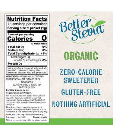 Now Foods Organic Better Stevia Sweetener - Zero-Calorie, 75 Packets (2.65 oz) - Buy Online on GoSupps.com
