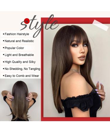 Kellynee Ombre Brown Wig with Bangs - Long Straight Heat Resistant Synthetic Hair for Women - Effortlessly Elegant for Daily Wear and Special Occasions - Buy Online on GoSupps.com
